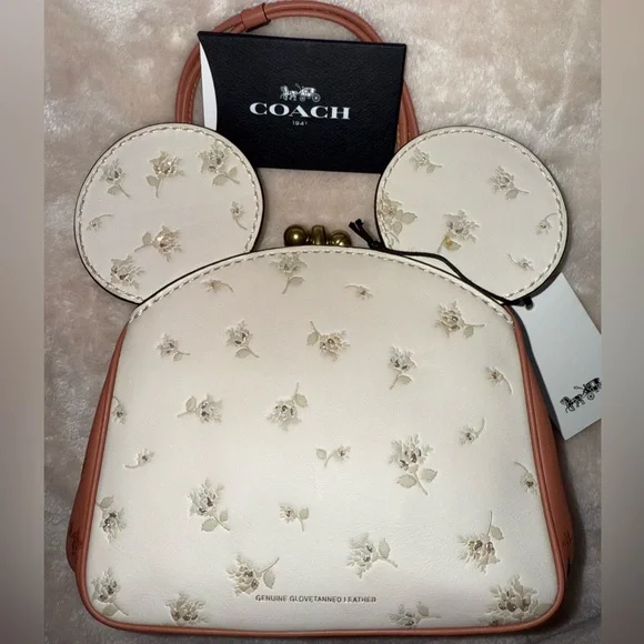 Limited Disney x Coach Minnie Mouse Kisslock Bag Cream & Pink Floral Print New! - Picture 11 of 17